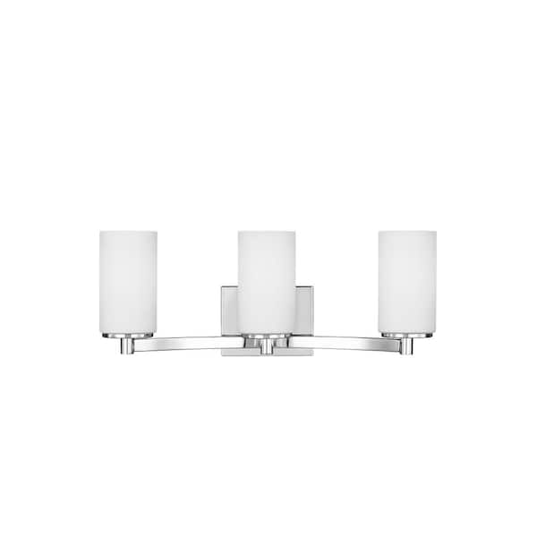lot 104 image: Generation Lighting Hettinger 20 in. 3-Light Chrome Transitional Contemporary Wall Bathroom Vanity Light with Etched White Glass Shades