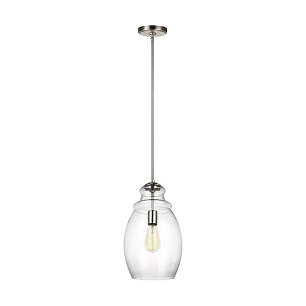 lot 107 image: Marino 1-Light Satin Nickel Hanging Pendant with Clear Glass Shade