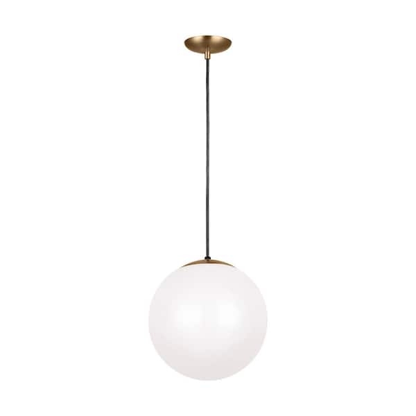 lot 108 image: Leo Hanging Globe 14 in. 1-Light Satin Brass Pendant with Smooth White Glass Shade