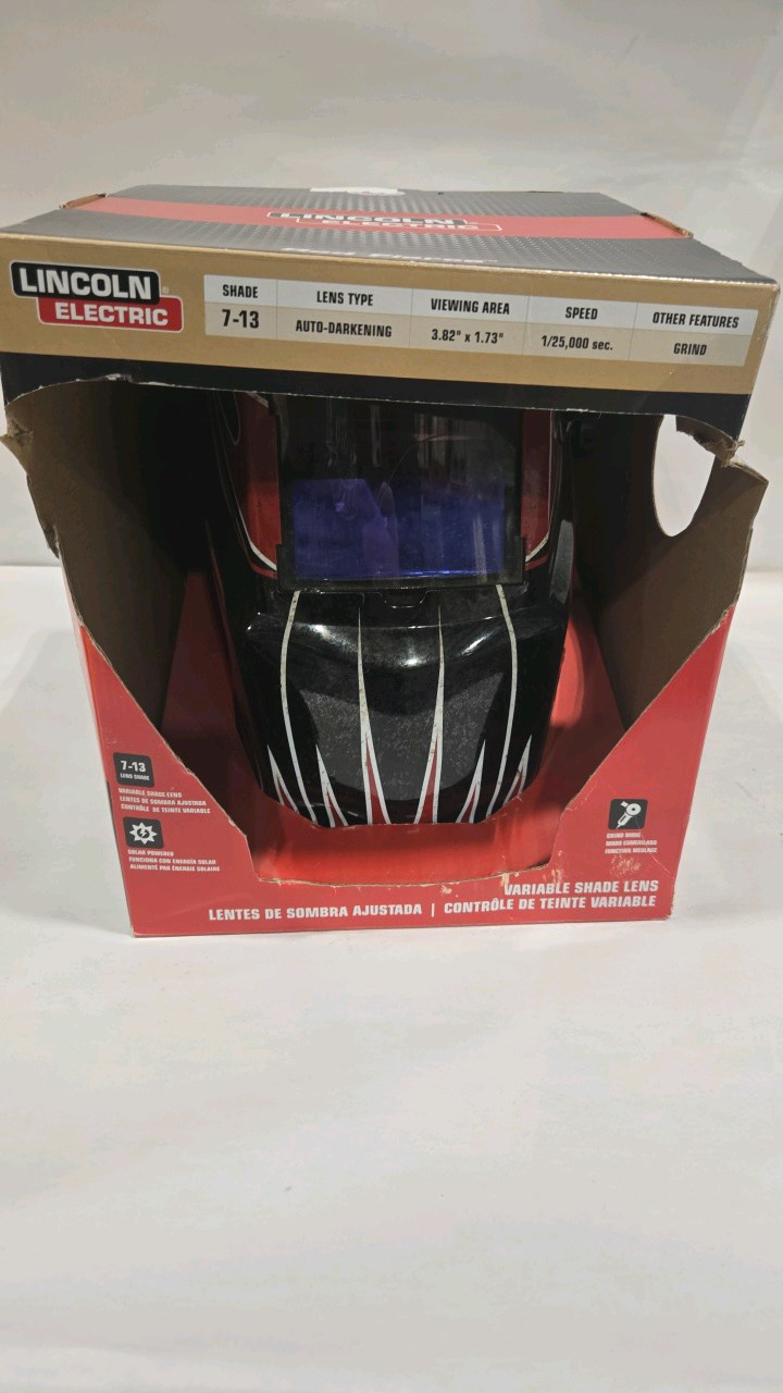 lot 112 image: Lincoln Electric Auto-Darkening Welding Helmet with Variable Shade Lens No. 7-13 (1.73 x 3.82 in. Viewing Area), Red Fierce Design