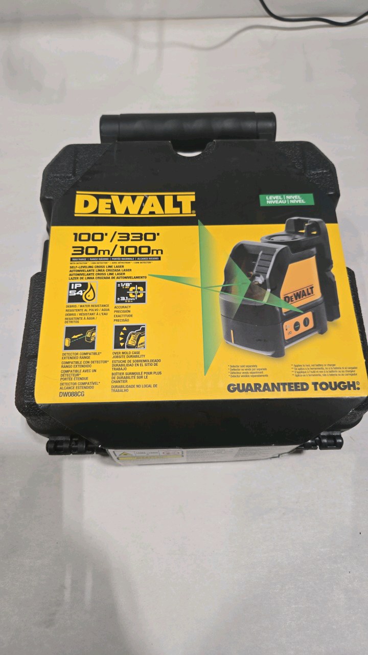 lot 113 image: DEWALT 100 ft. Green Self-Leveling Cross Line Laser Level with (3) AA Batteries & Case