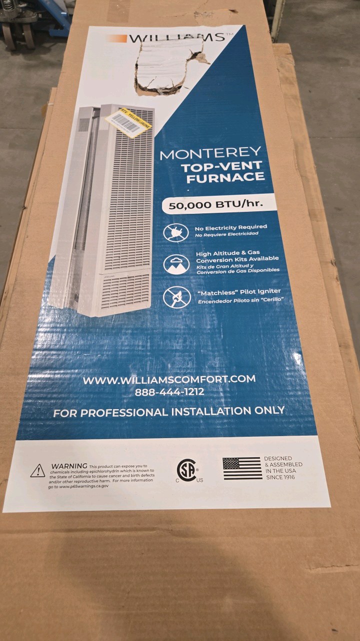 lot 128 image: Williams Monterey Top-Vent Wall Heater 50,000 BTUH, 70% AFUE, Natural Gas