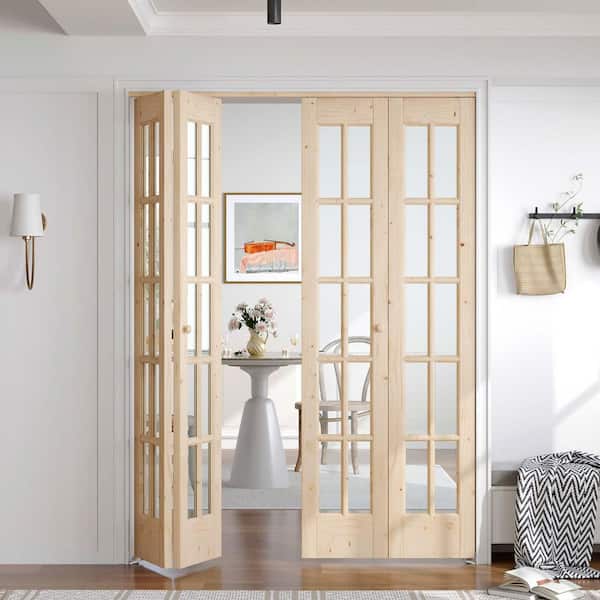 easelife 48 in. x 80 in. (Double 24 in. Bifold Door) Pre Assembled Clear Glass Spruce Solid Core Wood Bi-fold Door with Hardware