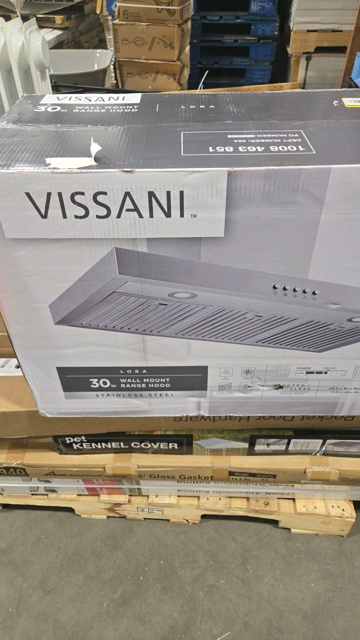 lot 142 image: Vissani Lora 30 in. 350 CFM Convertible T-Shape Wall Mount Range Hood in Stainless Steel with Charcoal Filters and LED Lighting
