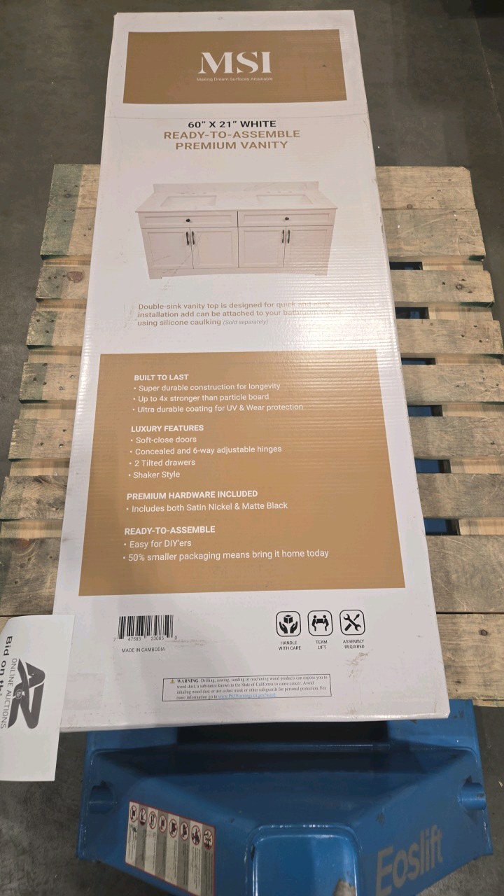 lot 17 image: MSI Freestanding Vanity 60 in. W x 21.75 in. D x 33 in. H Unassembled Bath Vanity Cabinet without Top in White