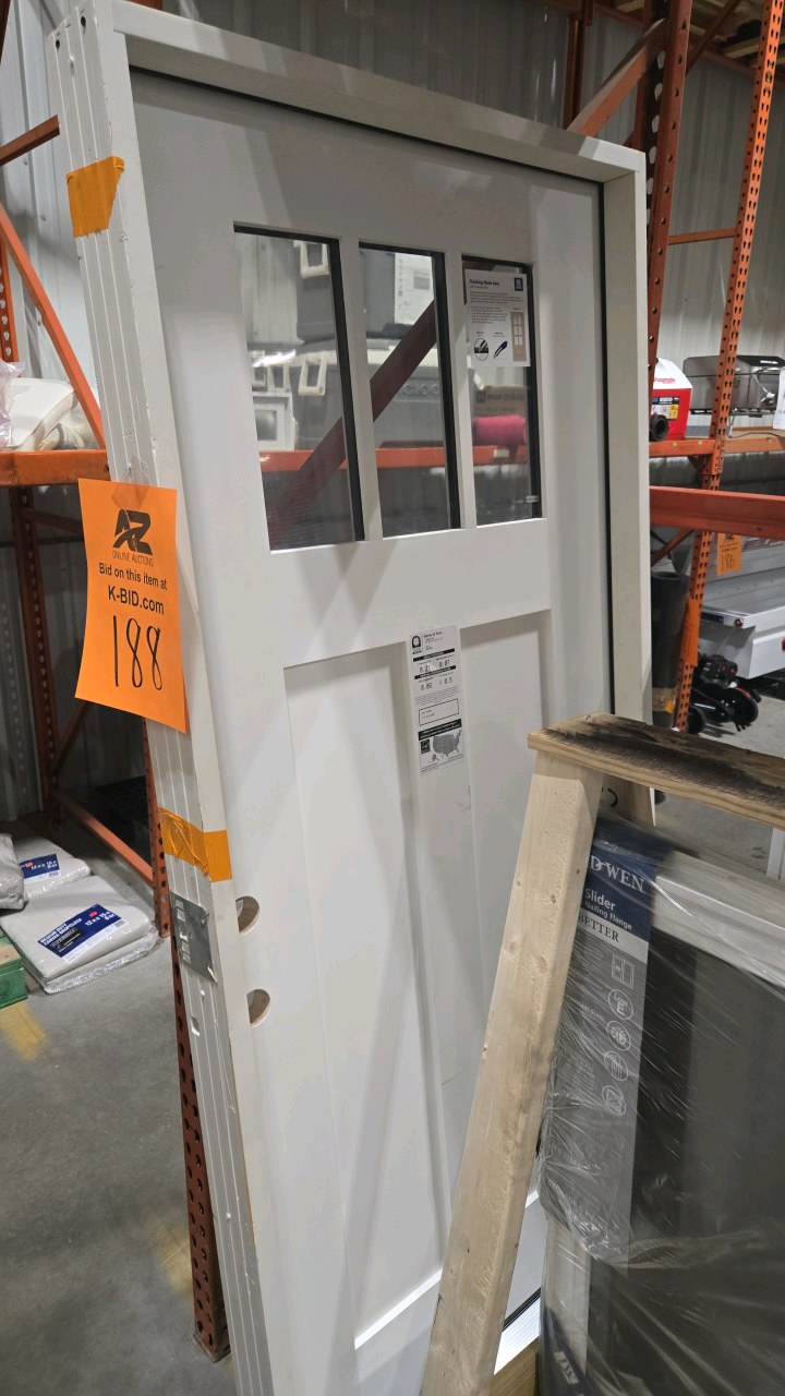 lot 188 image: Steves & Sons 36 in. x 80 in. Legacy 3 Lite Toplite Clear Glass Right Hand Inswing White Primed Fiberglass Prehung Front Door