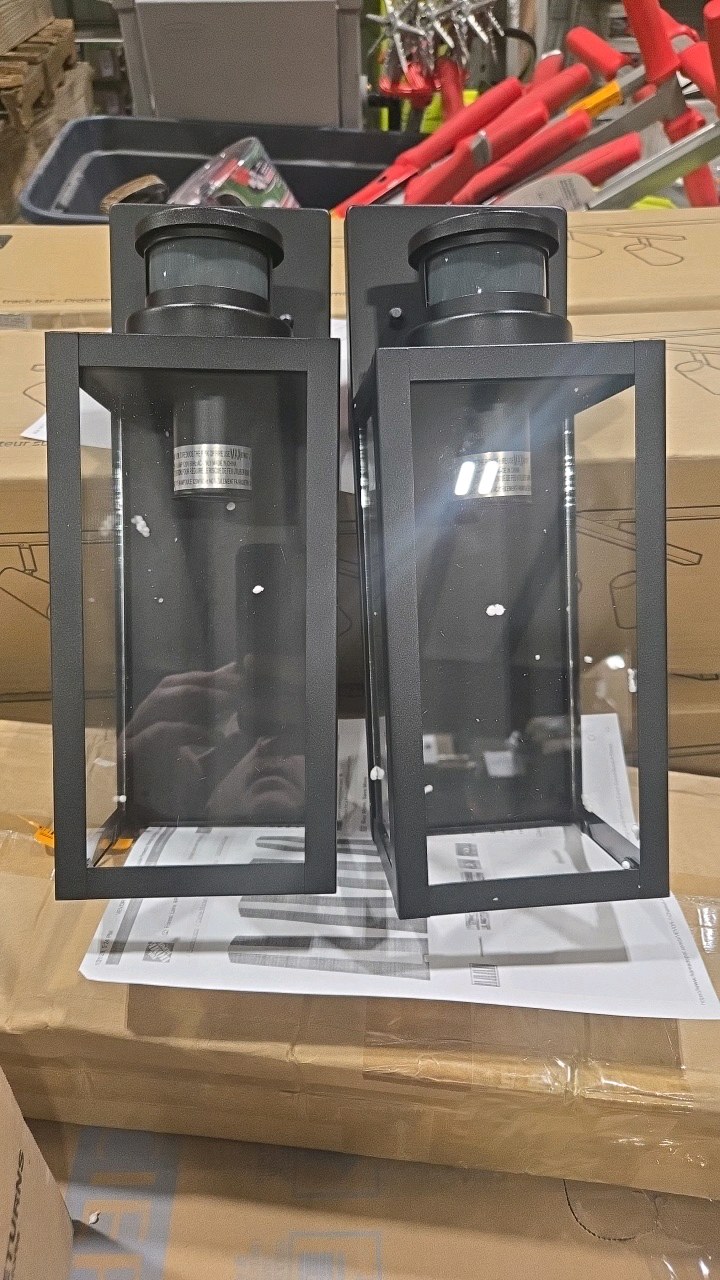lot 19 image: 1-Light Matte Black Motion Sensing Dusk to Dawn Non-Solar Outdoor Wall Lantern Sconce with Clear Tempered Glass (2-Pack)