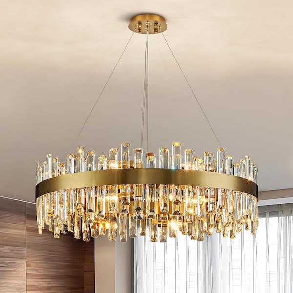 YUYI 31.5 in. 16-Light Gold Crystal Chandelier, Modern Round K9 Crystal Hanging Pendant Ceiling Light Fixture