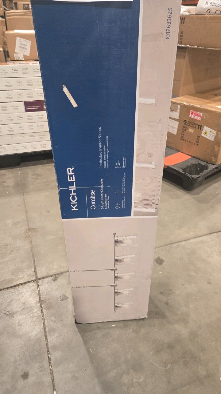 lot 27 image: KICHLER Coralise 5-Light Linear Chandelier with Clear Water Glass in Brushed Nickel