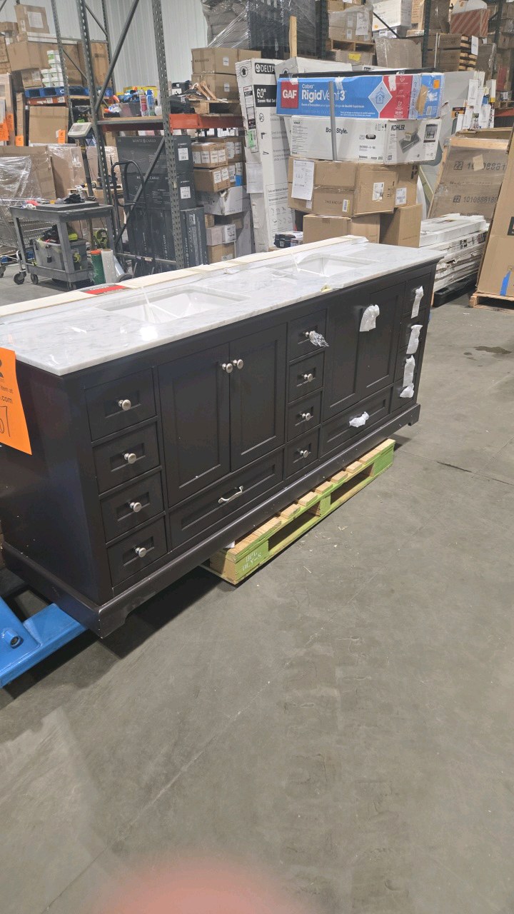 lot 67 image: Lexora Dukes 84 in. W x 22 in. D Espresso Double Bath Vanity and Carrara Marble Top