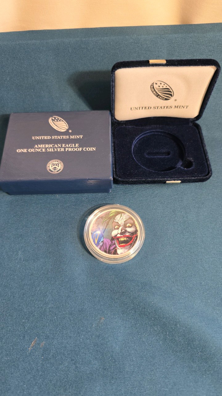 lot 14 image: 2020  THE JOKER AMERICAN EAGLE ONE OUNCE SILVER PROOF COIN