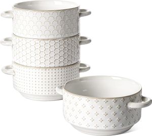 Soup Bowls With Handles, 20 oz each, Four Bowl Set, Great for French Onion and Other Soups, Stackable, Safe for Chili, Beef Stew, Arctic White Color RETAIL: $50.00