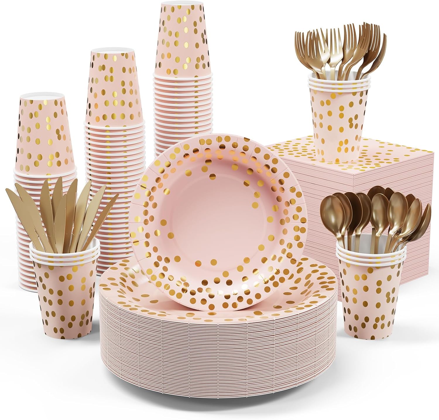lot 104 image: Pink and Gold Party Supply Kit, 350 Pieces Disposable Dinnerware Set, Pink Paper Plates, Napkins, Cups, Gold Plastic Forks, Knives and Spoons, Great for Parties RETAIL $30.00