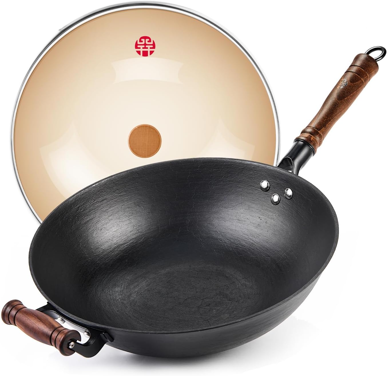 lot 107 image: Iron Flat Bottom Wok With Glass Lid Black Wok With Helper Handle 13.4 Inches RETAIL $105.00