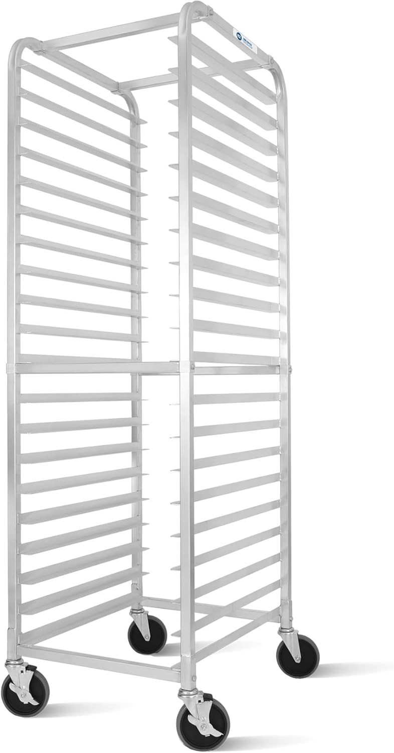 lot 111 image: 20-Tier Sheet Pan Rack, Home and Commercial Kitchen and Bakery Use, Cooling Rack With Wheels BIEAMA Brand Great For Cakes, Bread, Sourdough, and More RETAIL $240.00