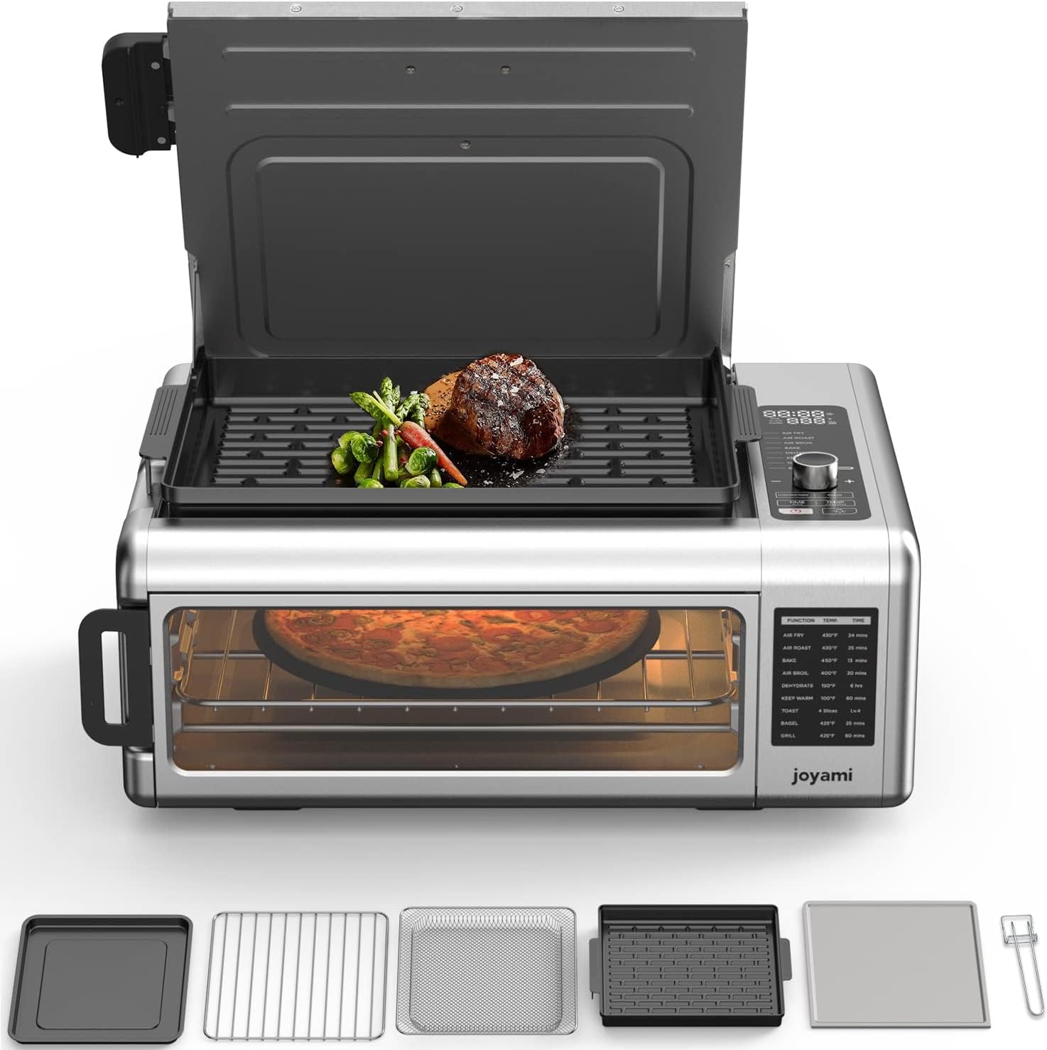 lot 112 image: Air Fryer Countertop Oven and Indoor Grill Combo, 18 QT and 1600W, Joyami Brand, Air Fry, Bake, Dehydrate, Toast, 6 Nonstick Settings RETAIL $130.00