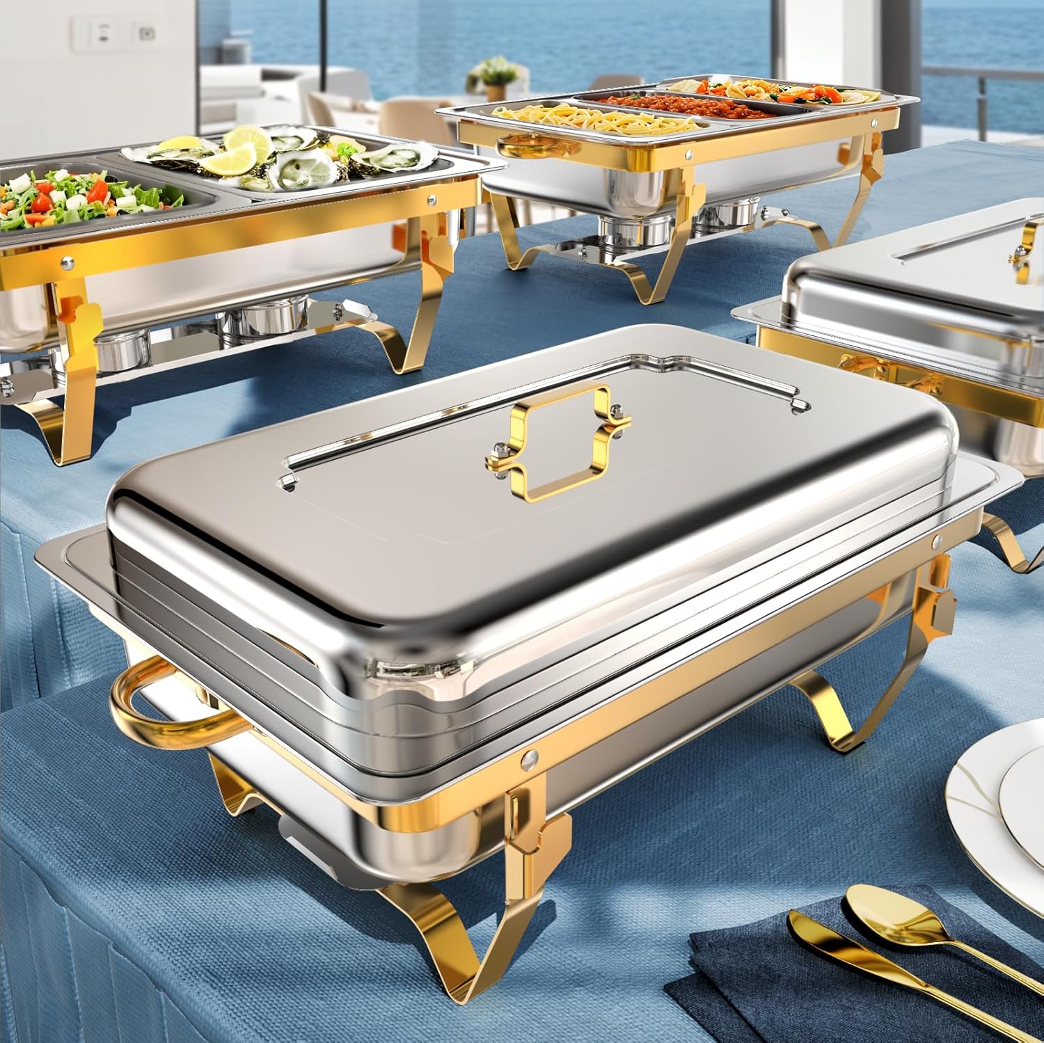 lot 113 image: Chafing Dishes for Buffets 9Qt Four Pack Food Pans Combo, High Grade, Durable and Hard, Great for Parties, Weddings, Indoor and Outdoors, Gold and Silver Color RETAIL $175.00