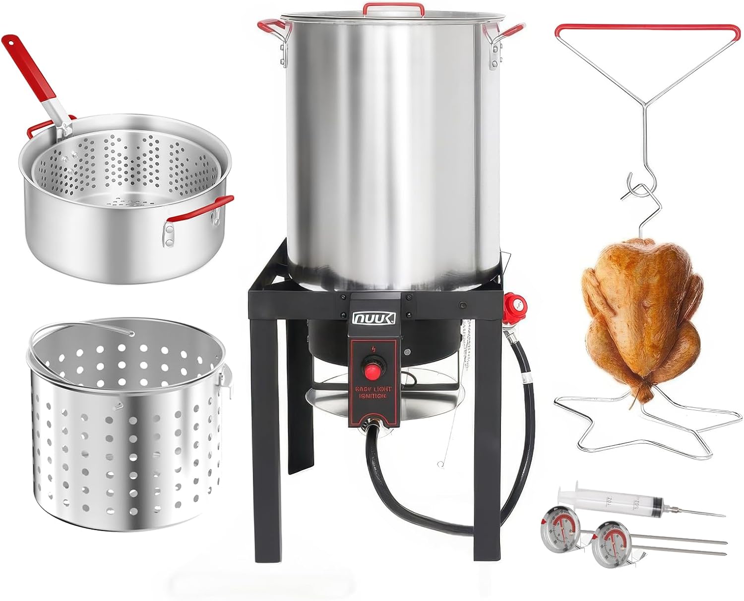 lot 114 image: Turkey Fryer and Fish Fryer Combo Kit Aluminum, 30QT Turkey Fryer and 10QT Fish Fryer RETAIL $120.00