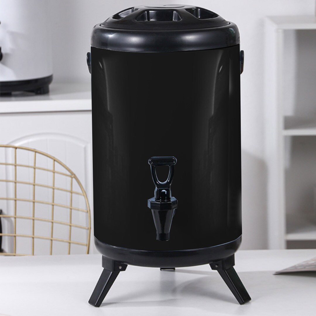 lot 115 image: Stainless Steel Insulated Milk Tea Barrel Hot and Cold Beverage Dispenser Container with Faucet Black 10 Liters Size RETAIL $80.00