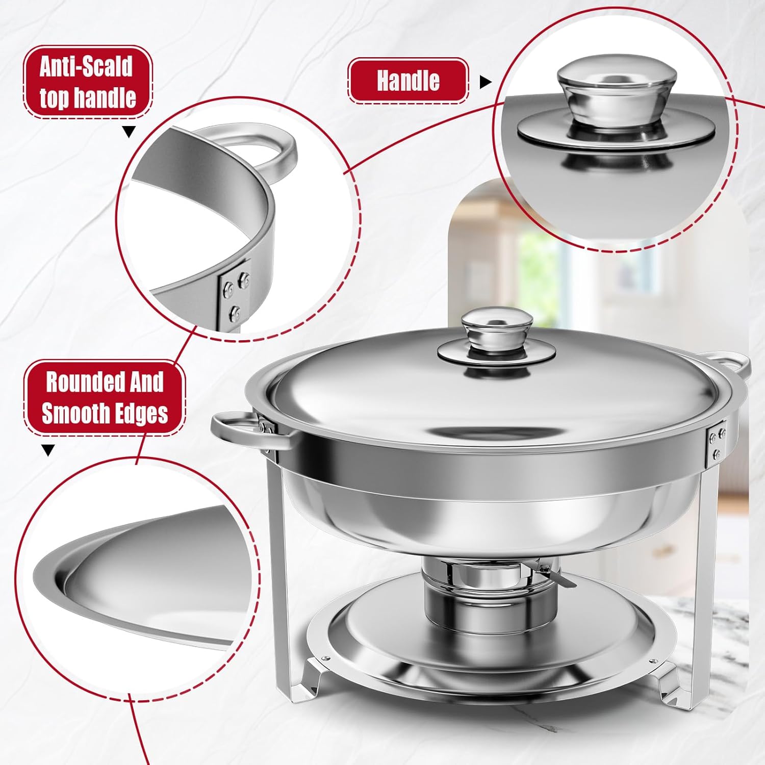 lot 119 image: Chafing Dish Buffet Set of 6, Includes Both 5QT Rounds and 8QT Rectangular Stainless Steel Chafers for Buffets, Catering, Parties, Weddings and More, Imacone Brand, RETAIL $190.00