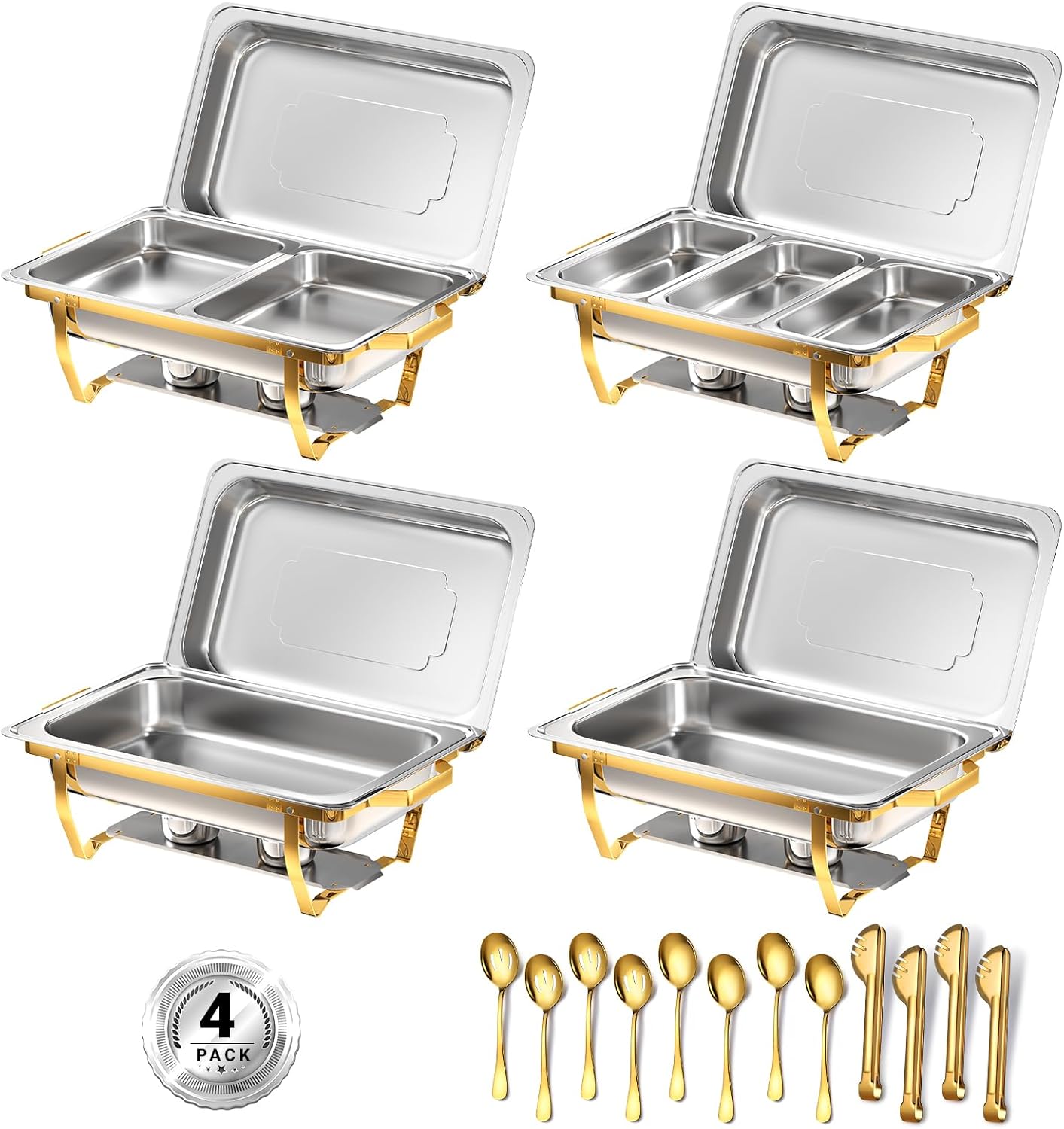 lot 120 image: Chafing Dishes for Buffets, Four Pack, 8-QT Rectangular Shape, Rolled-Edge Design, Great for Parties, Buffets, Weddings, Camping and More. Gold accents. RETAIL $170.00