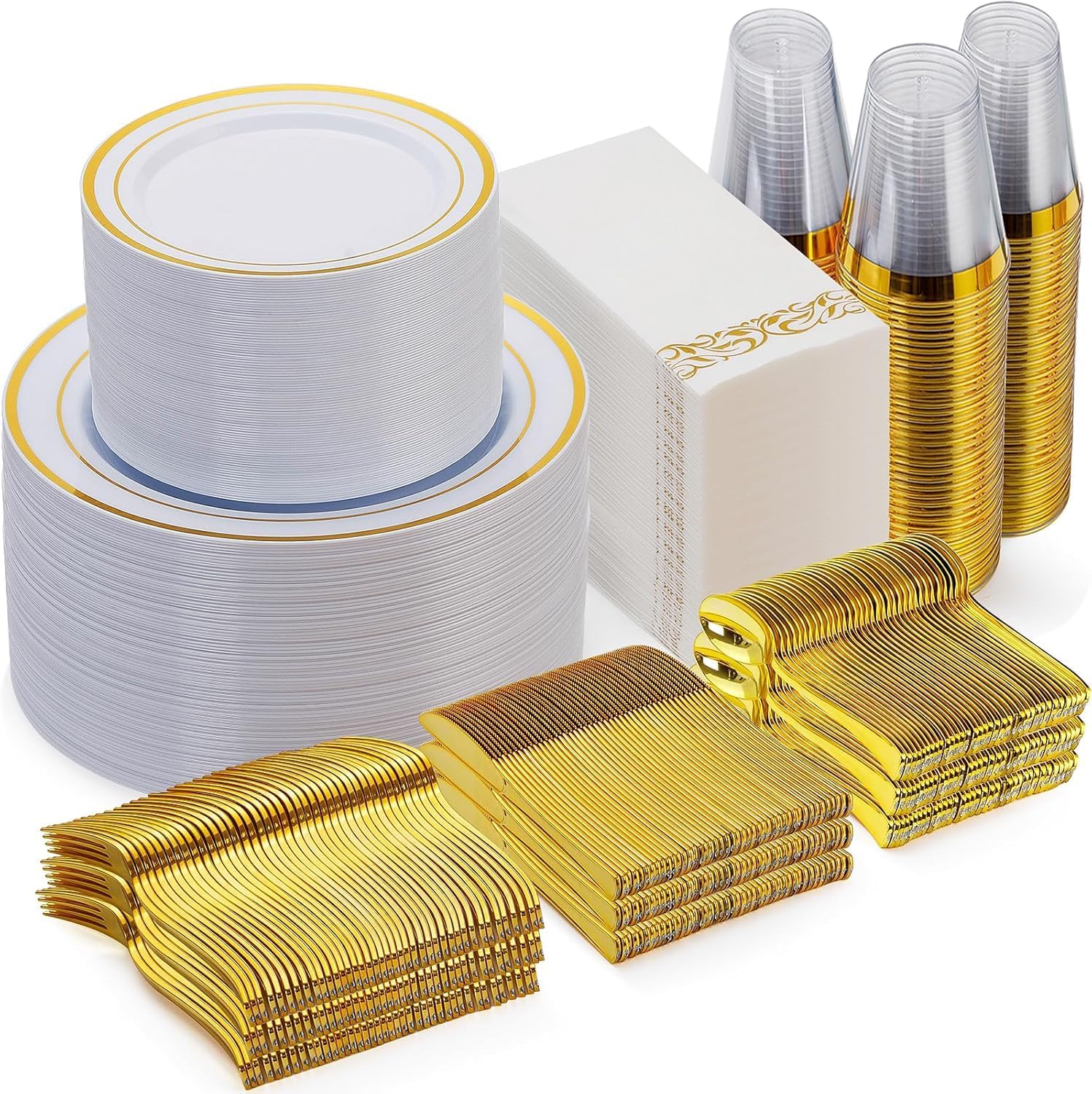 lot 121 image: 700 Piece Gold Dinnerware Set for 100 Guests, Disposable for Party, Include 100 Gold Rim Dinner Plates, 100 Dessert Plates, 100 Paper Napkins, 100 Cups, 100 Plastic Silverware Set, RETAIL $80.00