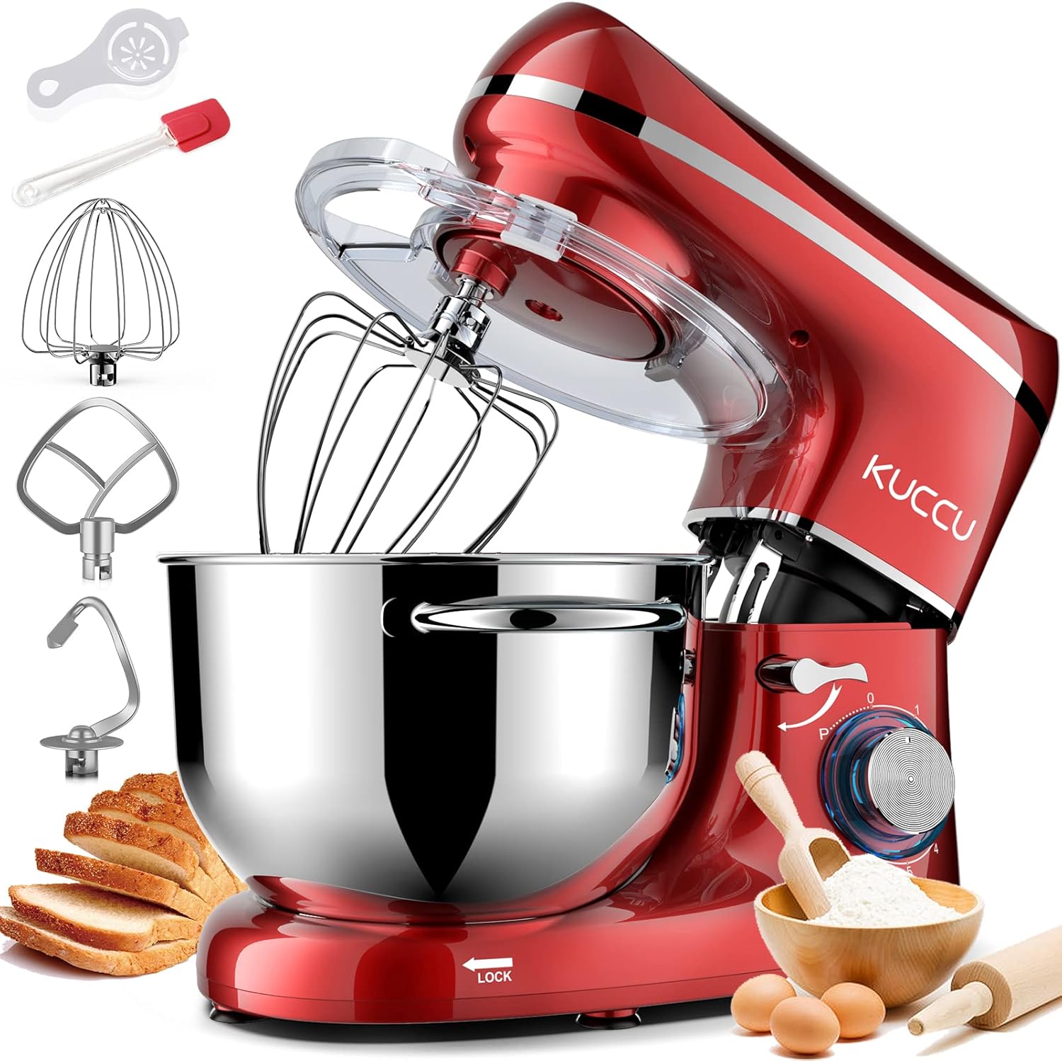 lot 124 image: Tabletop Food Mixer, 6.5 QT 660W 6-Speed Tilt-Head, Kitchen Electric Mixer with Stainless Steel Bowl, Dough Hook, Whisk, Beater, Egg White Separator, Metalic Red Color RETAIL $200.0