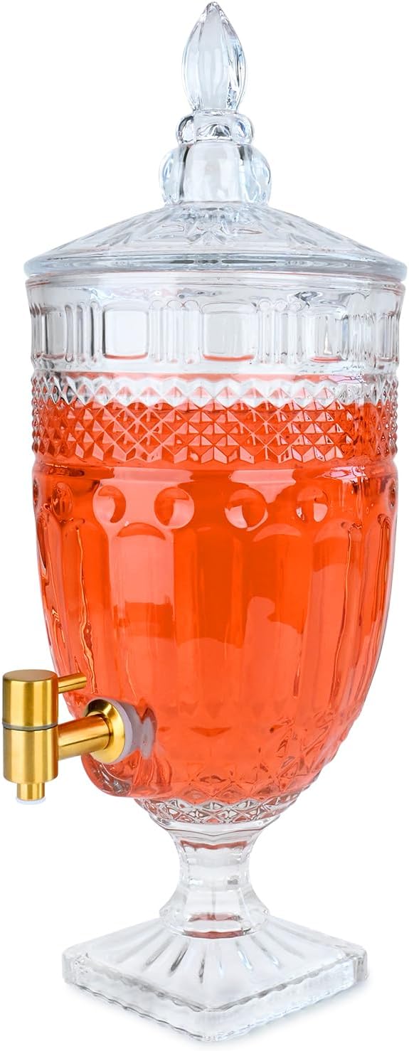 lot 128 image: 1.3 Gallon Glass Drink Dispenser With Spigot for Party, Bars, Weddings, Crystal Collection Juge, Very Elegant RETAIL $75.00