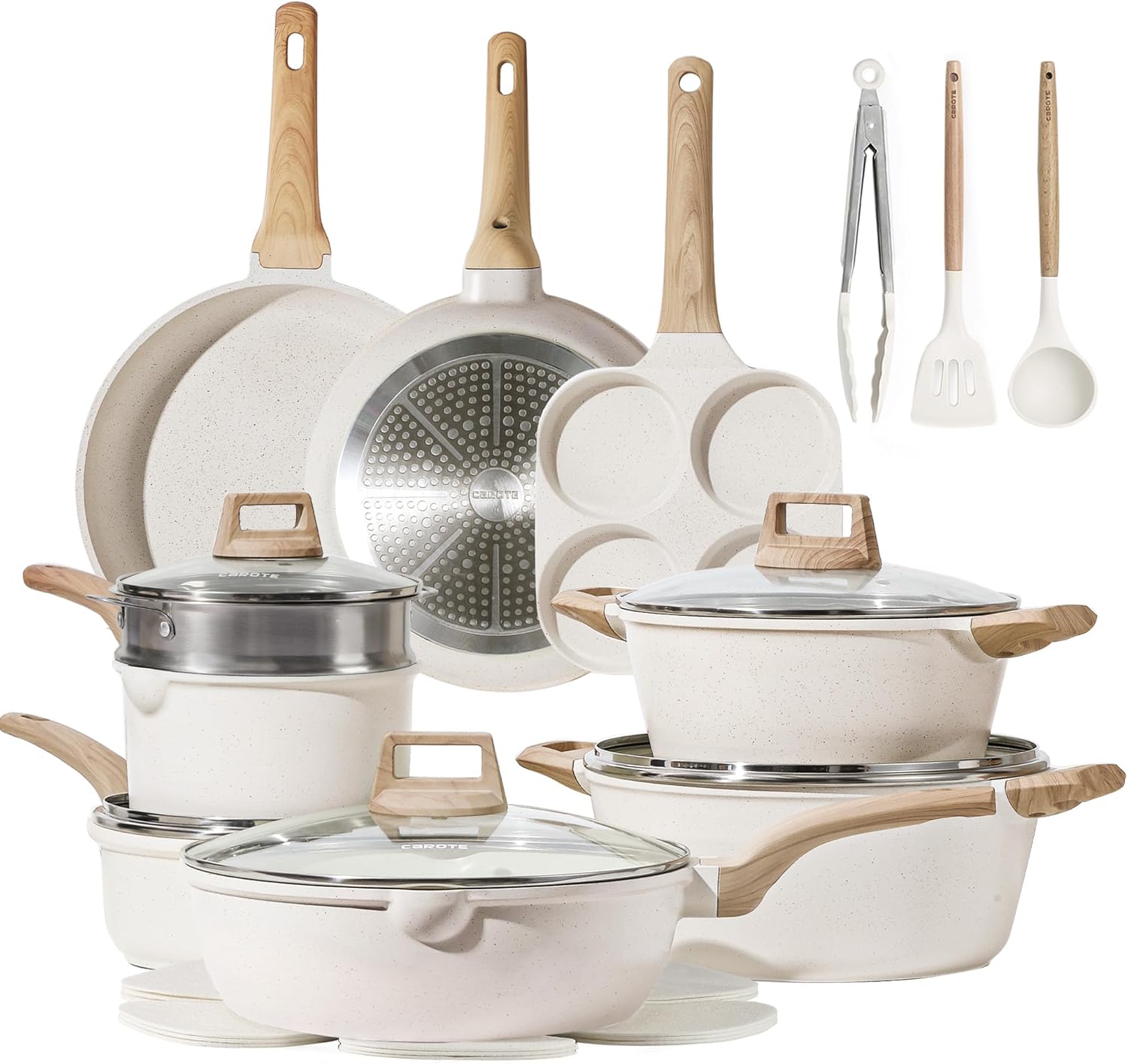 lot 135 image: 21-Piece Pots and Pans Nonstick Cookware Set White Color, Granite Induction Set With Frying Pans and Saucepans PFOS and PFOA Free RETAIL $130.00