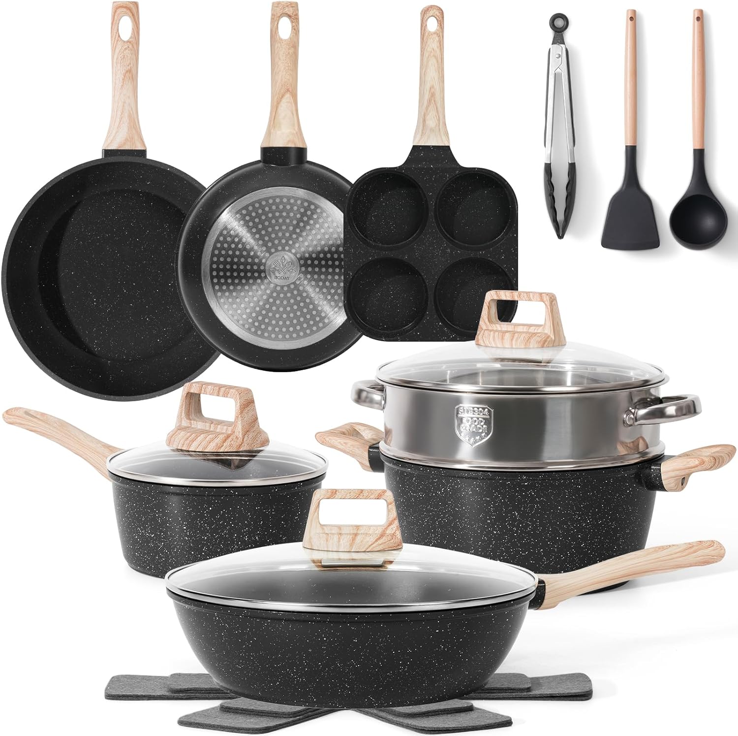 lot 140 image: 17 Piece Pots and Pans Set, Non-Stick Kitchen Cookware, Black Granite Cooking Tools With Wood Handles Non-Toxic PFOS and PFOA Free
