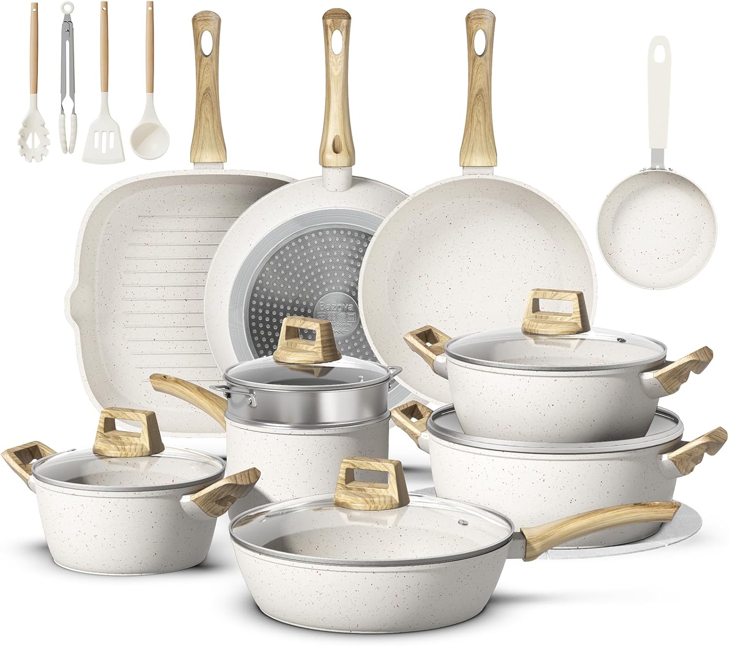 lot 142 image: 25 Piece Pots and Pans Set, Non-Stick Ceramic Cookware Set, Health Non-Toxic PFAS, PTFE, PFOA and PFOS Free, Cream White Color With Wooden Handle