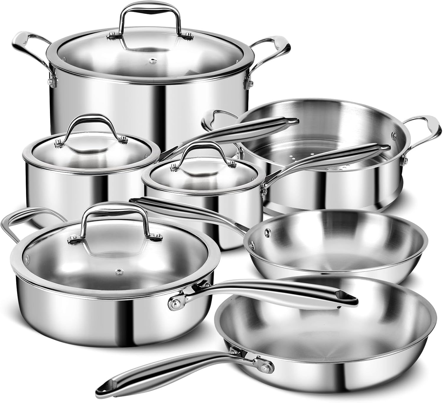 lot 157 image: Stainless Steel 11-Piece Cookware Set With Lids, Pots and Pans, Kitchen Set, 3-Ply Stainless Steel, Professional Chef Quality, Oven, Induction, Dishwasher Safe