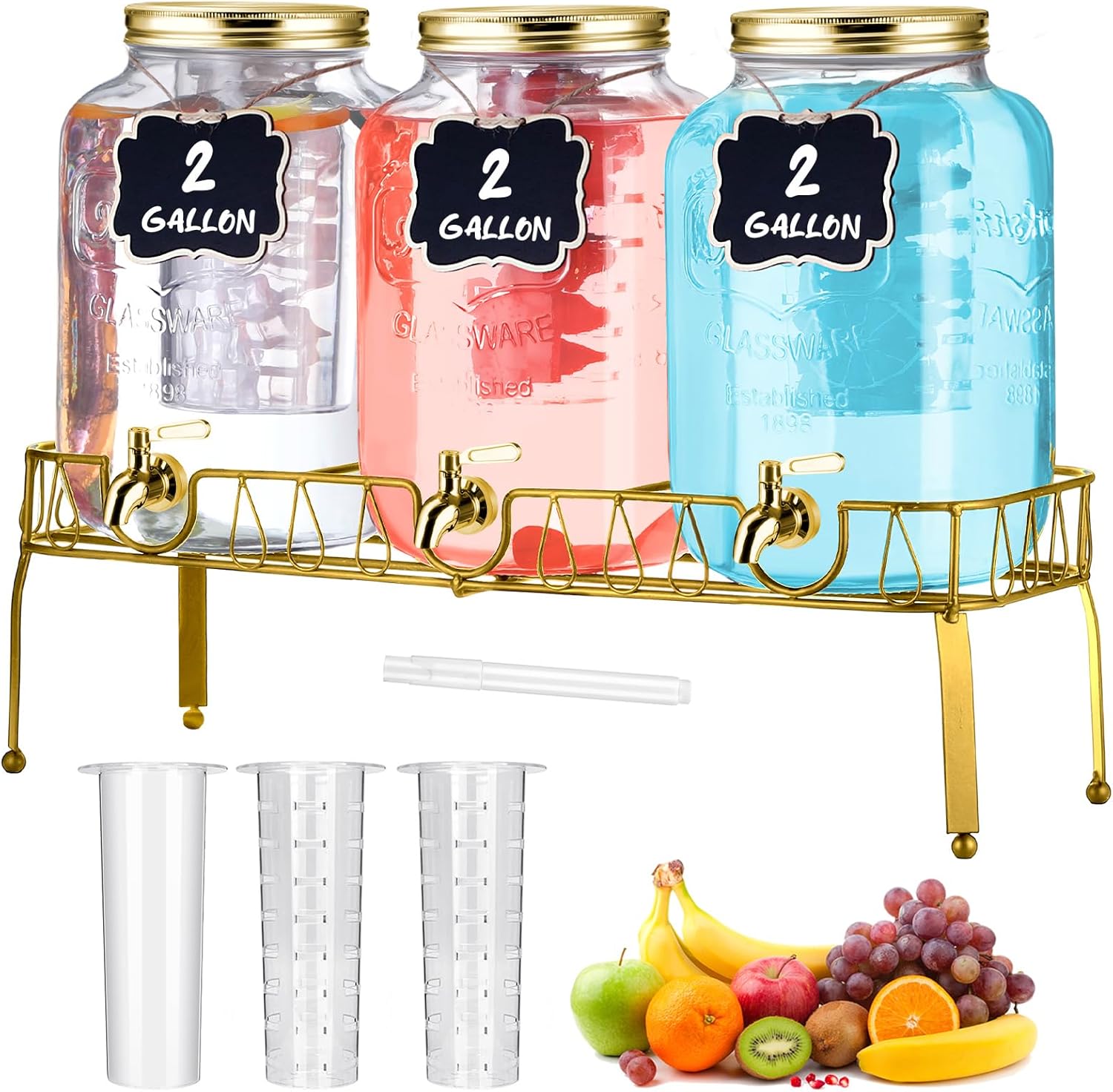 lot 160 image: 3-Pack of Drink Dispensers, 2-Gallon Sized for Each Dispenser, With Stand and Mason Jar-Style Lids, Hanging Chalkboard Signs, Great for Parties, Weddings, Home Use and Commercial Use