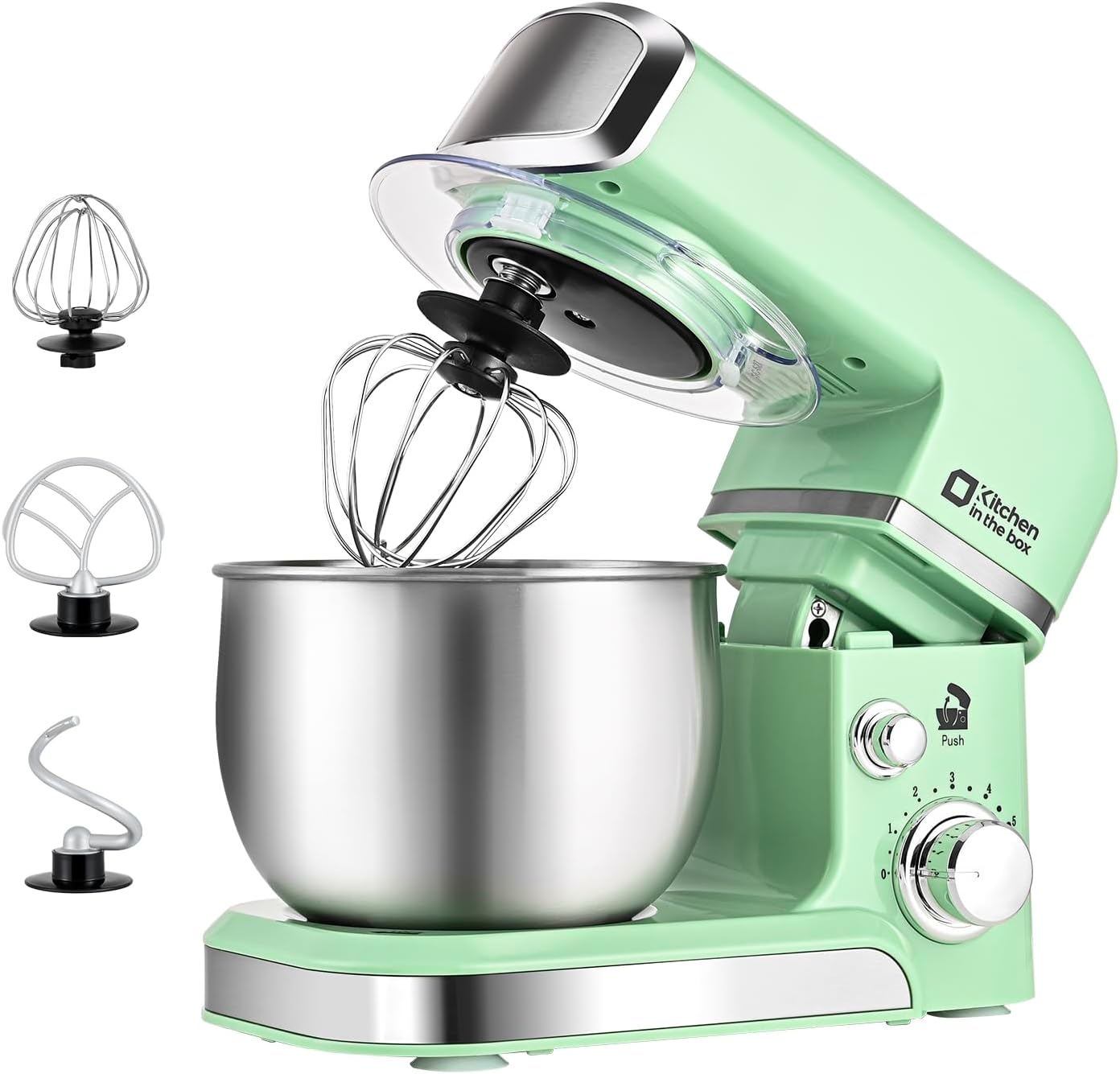 lot 164 image: Kitchen in the box Stand Mixer, 3.2Qt Mini Electric Food Mixer,6 Speeds Portable Lightweight Kitchen Mixer for Daily Use with Egg Whisk, Dough Hook, Flat Beater (Green)