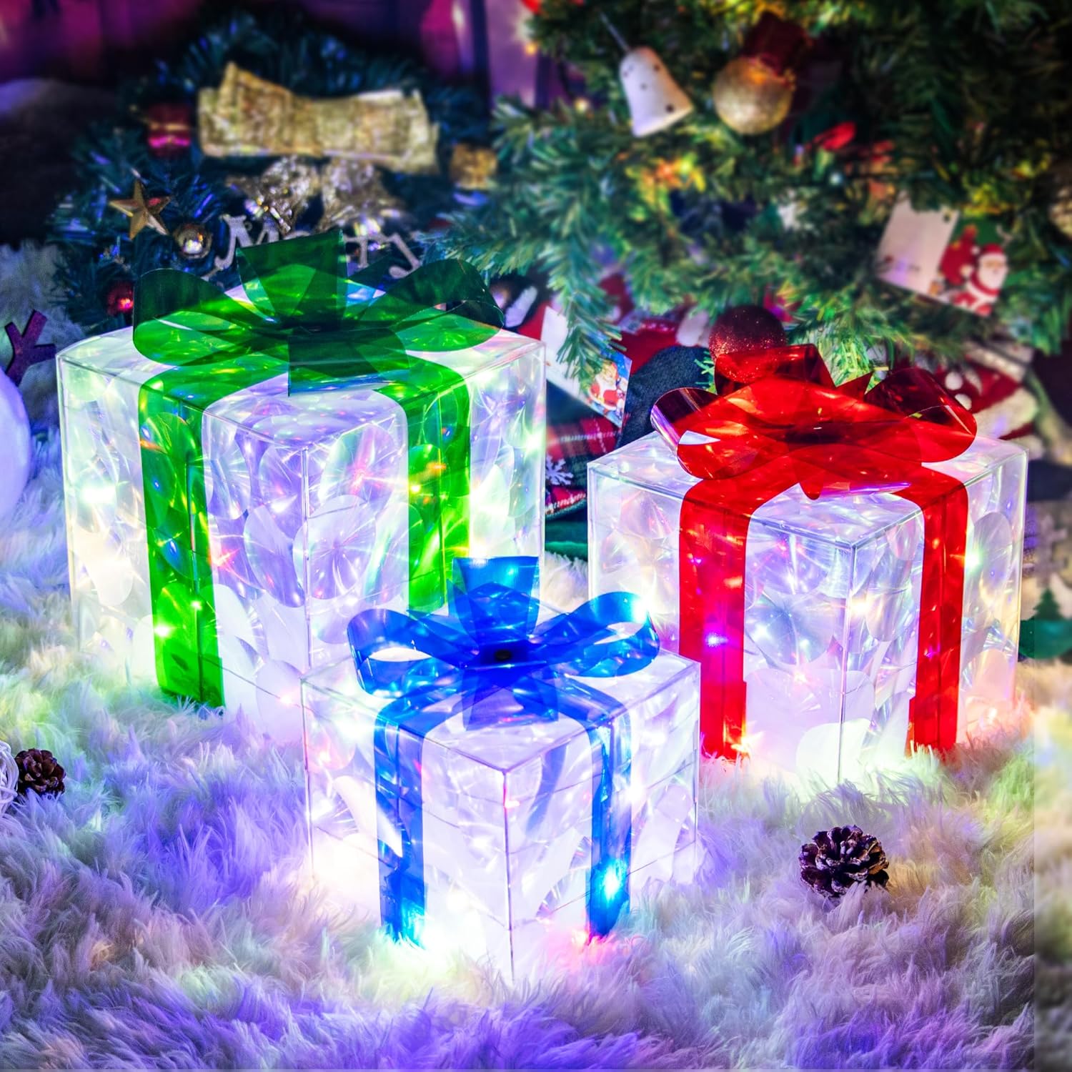 lot 169 image: Set of 3 Christmas Lighted Gift Boxes - 65 LED Pre-Lit, Plug-in Light Up Presents Box - Decor for Christmas Tree, Indoor Outdoor Home, Yard, Lawn - Ideal for Christmas, Holiday, Party, Anniversary