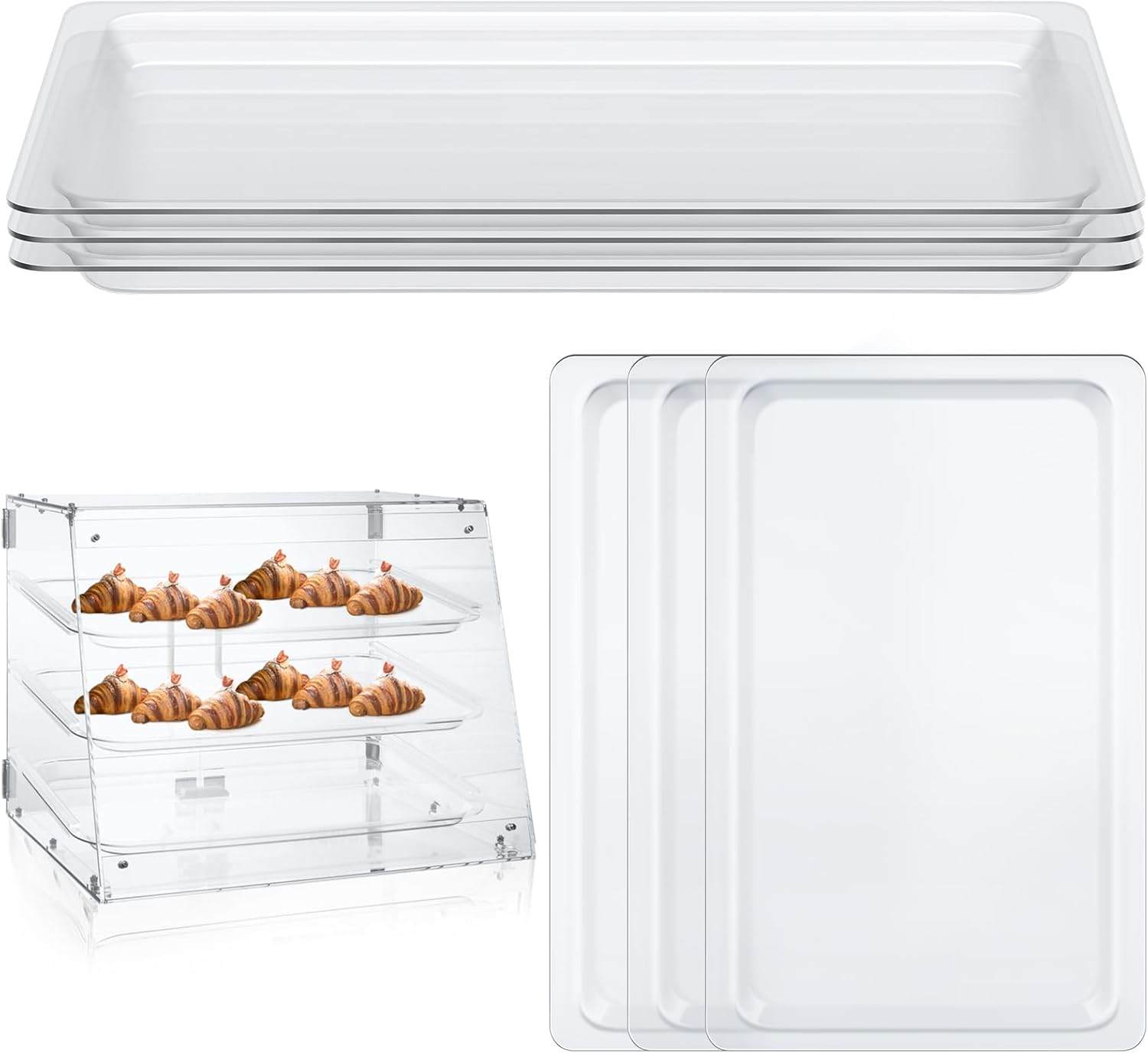 lot 175 image: 3-Pack Clear Acrylic Bakery Display Case Tray 20.7 x 12.6 x 1.1 Acrylic Tray Bakery Display Case Countertop Replacement for 234 Tier Pastry Baked Goods Bread Bagel Retail Commercial Home