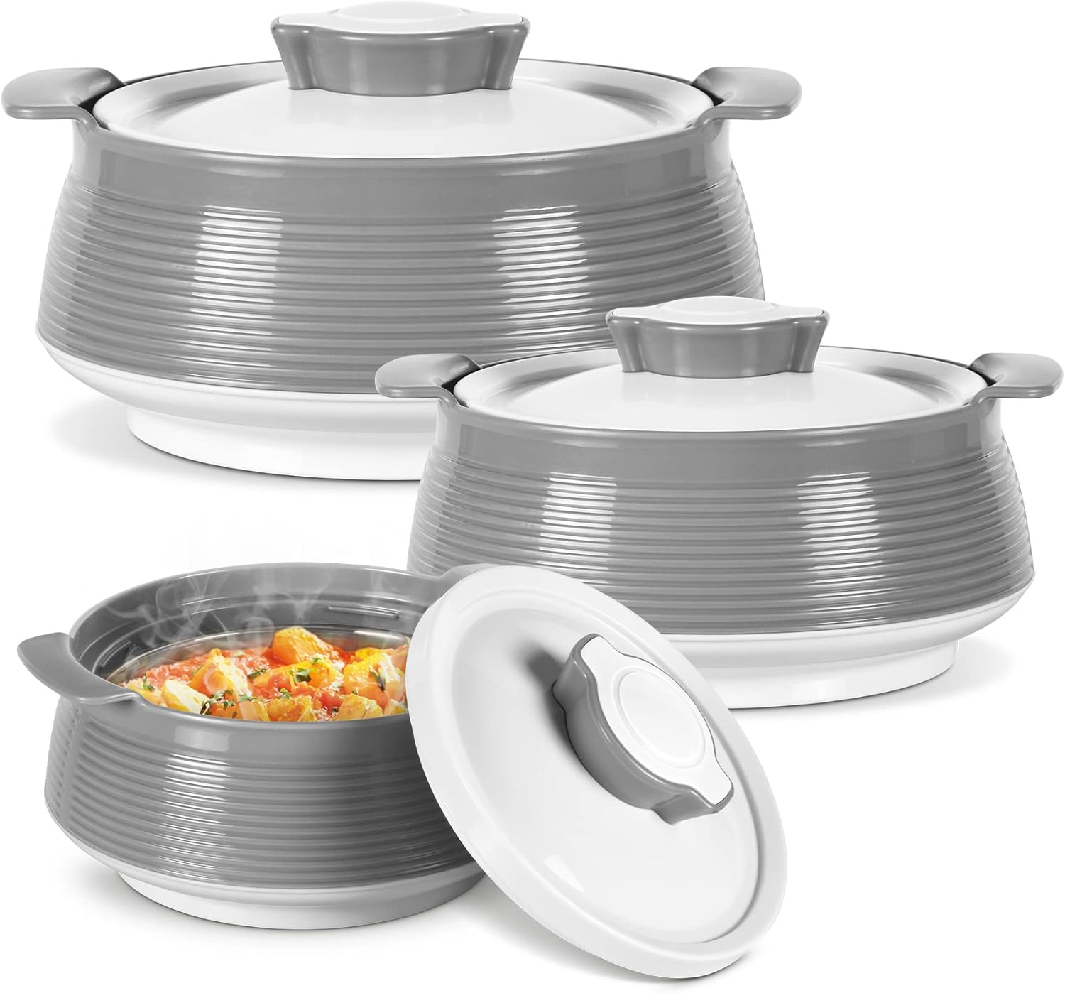 lot 176 image: Casserole Dishes for Hot Food, Double Walled Insulated Inner Stainless Steel Hot Pot with Lid, Serving box for Food and Roti, Serving Bowl, Set of 3 (Size 62, 45, 28 oz) Venice, Grey