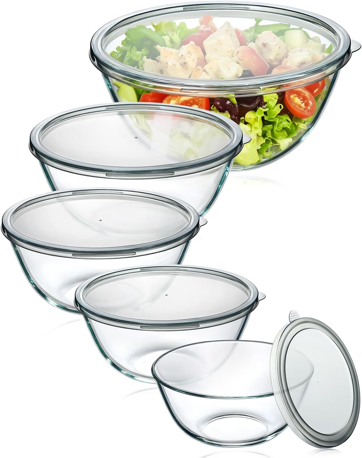 lot 177 image: Glass Mixing Bowls with Lids Set of 5(4.78QT,2.2QT,1.7QT,1.1QT,0.85QT),Thick Glass Nesting Bowls for Kitchen Baking ,Cooking Prep, Storage, Serving, Large Salad Bowls, Dishwasher Microwave Freezer Safe