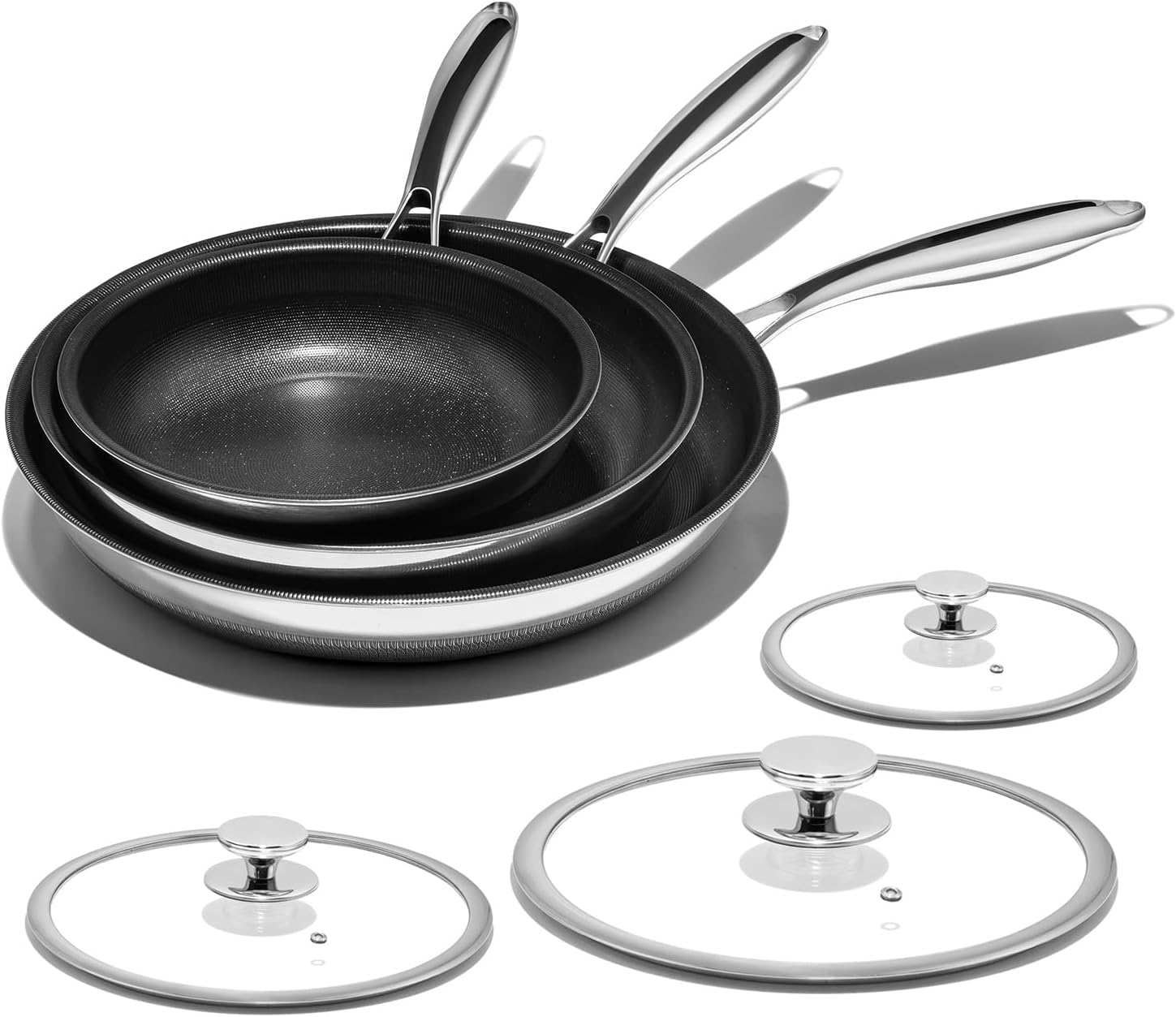 lot 186 image: Nonstick Frying Pan Set  8 10 12 Titanium Ceramic Skillet with Lid, Stay-Cool Handle, PFAS, PTFE, PFOA-Free, Non-Toxic, Dishwasher & Oven Safe, Compatible with All Cooktops