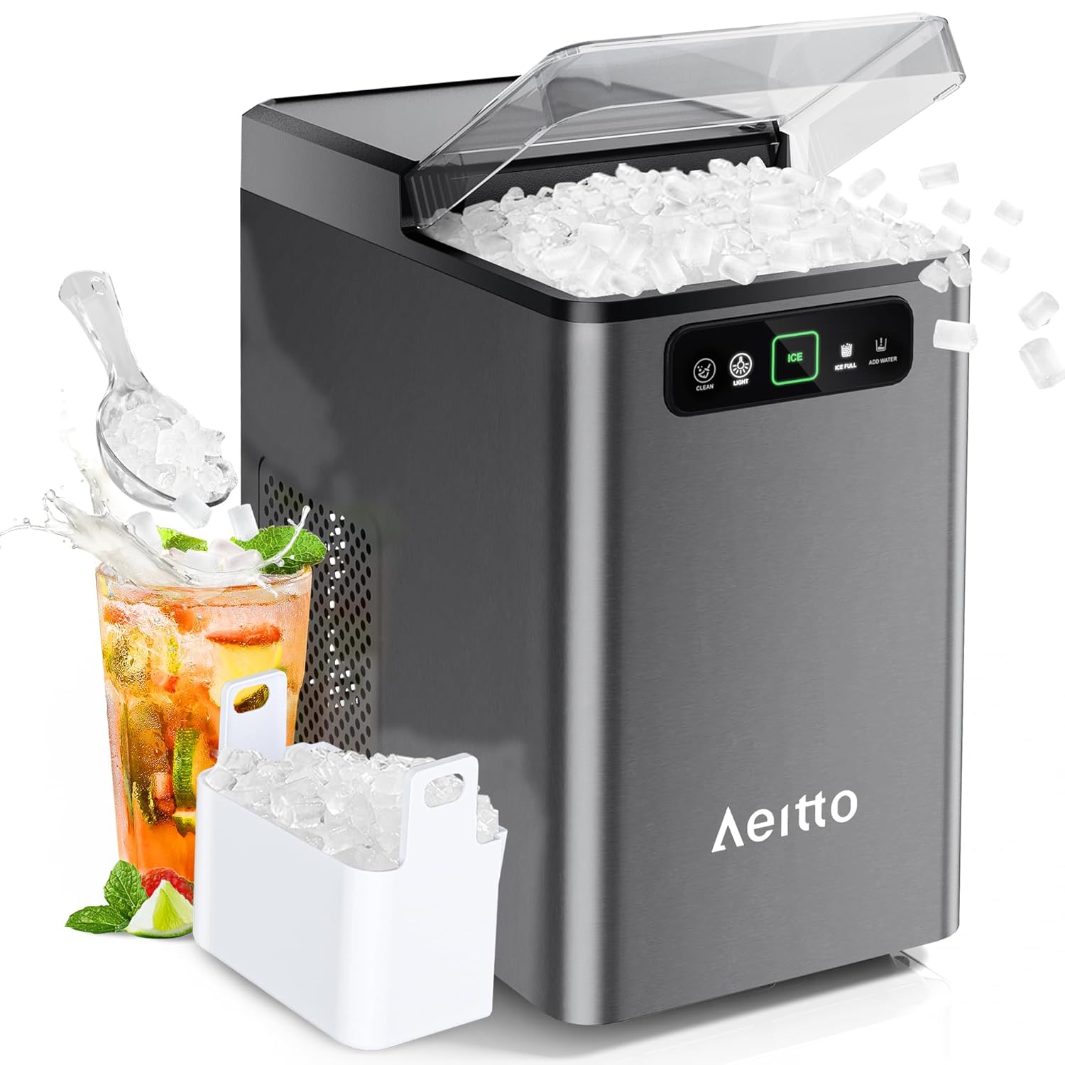lot 189 image: Aeitto Nugget Ice Maker 40Lbs24H, Countertop Soft Chewable Ice Pebble Ice Machine, One-Click Operation, Auto Self-Cleaning Ice Makers with Scoop & Basket for Home, Office, Kitchen, Party Black Color