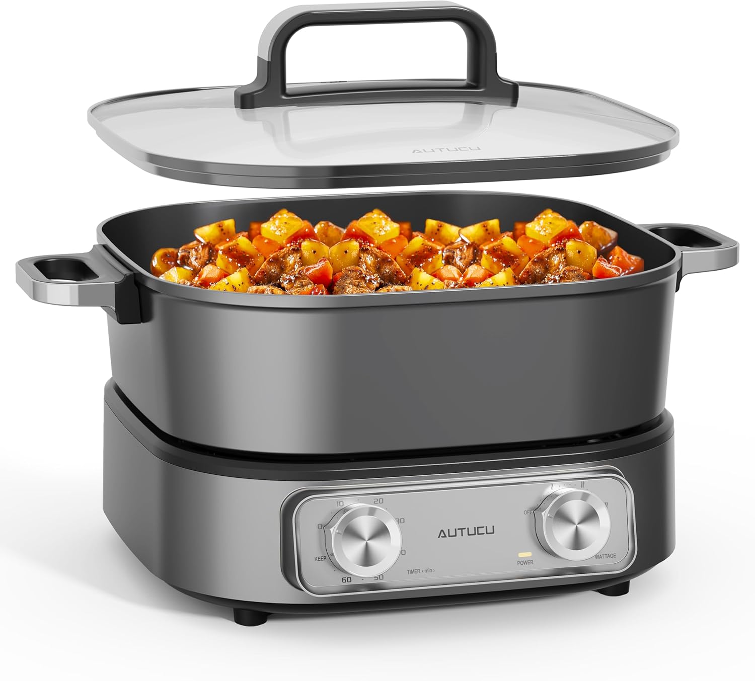 lot 196 image: Electric Skillet 6-Quart Hot Pot Nonstick PFOA-Free Ceramic Coating Pot, 1600W, Timer and 3-Power Settings for Steak, Eggs, Ramen and More