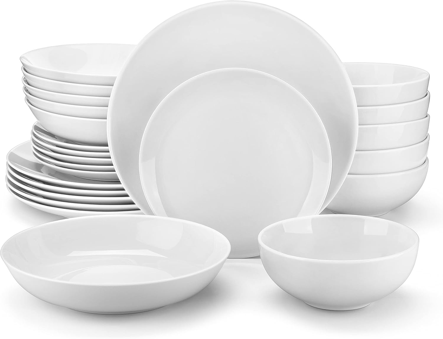 lot 198 image: 24-Piece Gourmet Porcelain Dinnerware Sets, Modern White Round Dish Set for 6 - Premium Serving Plates and Bowls Sets for Dessert, Salad, Soup, Pasta - Series AMELIA