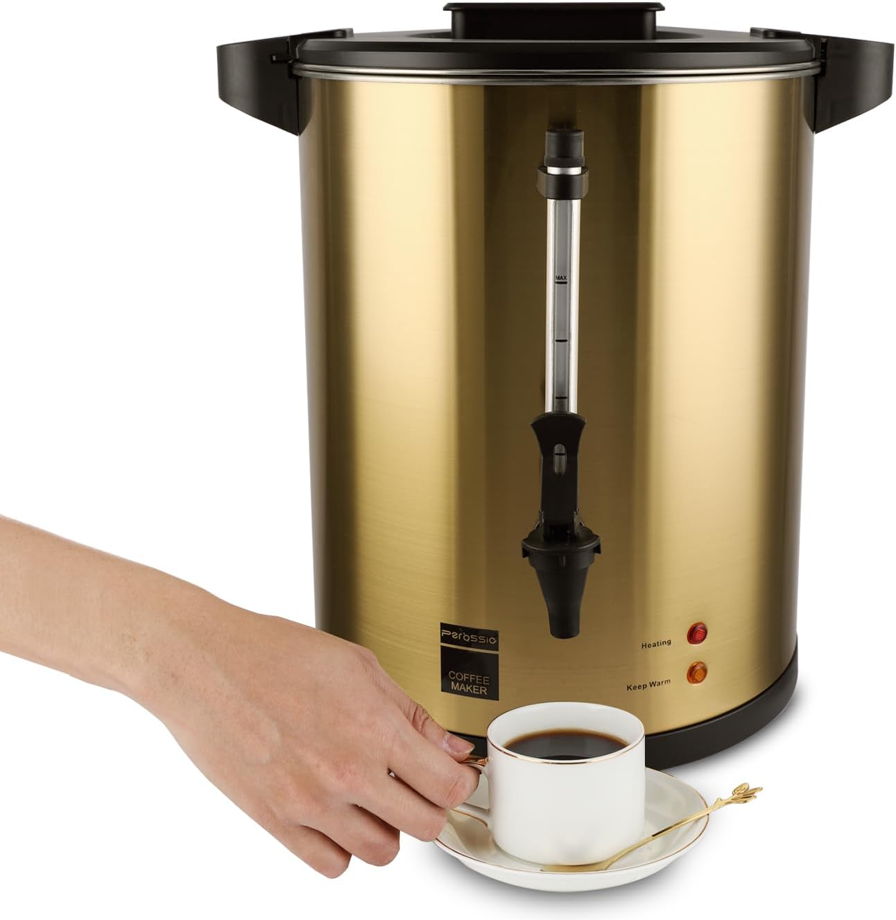 lot 208 image: 6-Liter Coffee Urn, Hot Beverage Dispenser, Hot Water, Commercial Grade Double Wall, Stainless Steel, Electric Coffee Percolator, Large Coffee Maker for Parties, Home, Catering, Holds 38-Cuts Gold Color