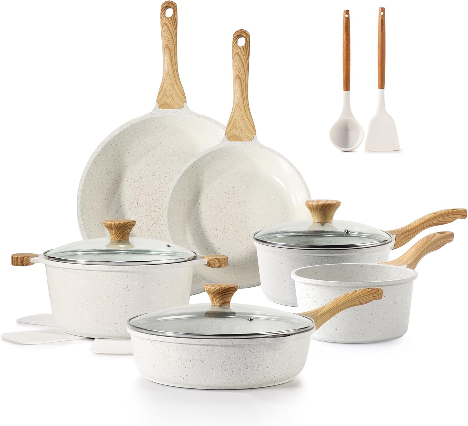 lot 211 image: Nonstick Ceramic Cookware Set 16-Piece, Healthy Pots and Pans Set, Non-toxic Kitchen Cooking Set with Stay-Cool Handles, Silicone Utensils and Pot Protectors, PFASPTFEPFOA Free