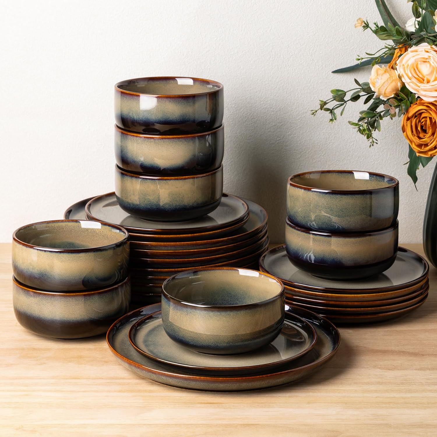 lot 213 image: Ceramic Dinnerware Sets for 8, 24 Pieces Handmade Reactive Glaze Plates and Bowls Set, ONE OR TWO PLATES ARE CRACKED ON EDGES,
