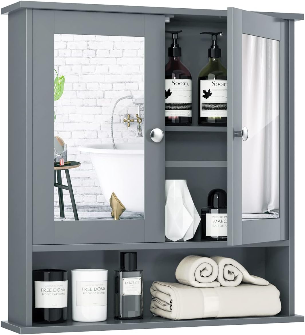 lot 229 image: Bathroom Medicine Cabinet With Mirror Wall Mounted Wooden Hanging Oranizer With Doors and Shelves, Gray Color Tangkula Brand