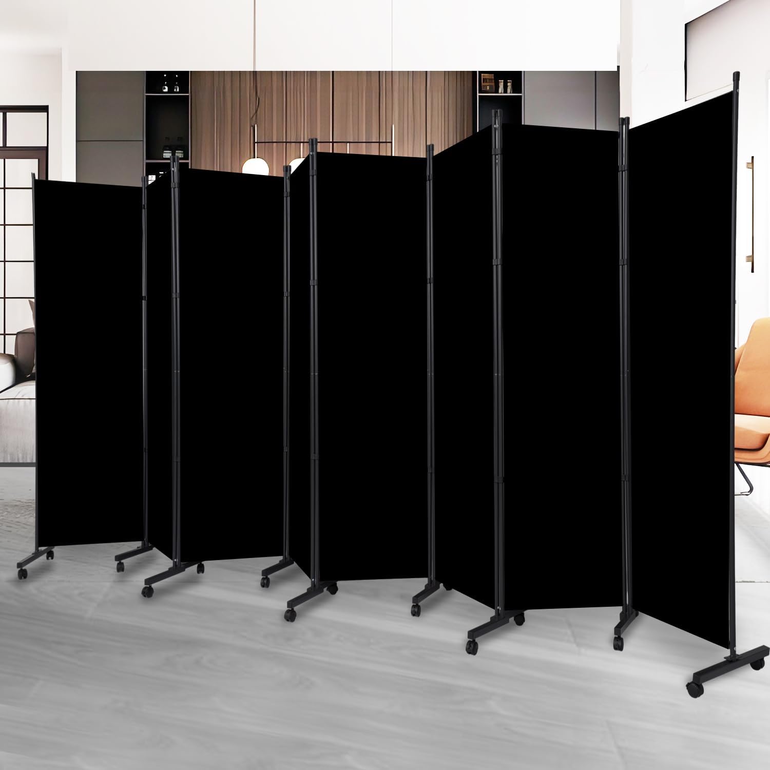 lot 230 image: Black Room Divider, Eight Panels, Adjustable, 6-Feet High, 176 Inches Wide, Great to Separate and Divide Rooms, Great for Offices, Homes, Bedrooms, Dorm Rooms, Churches and More