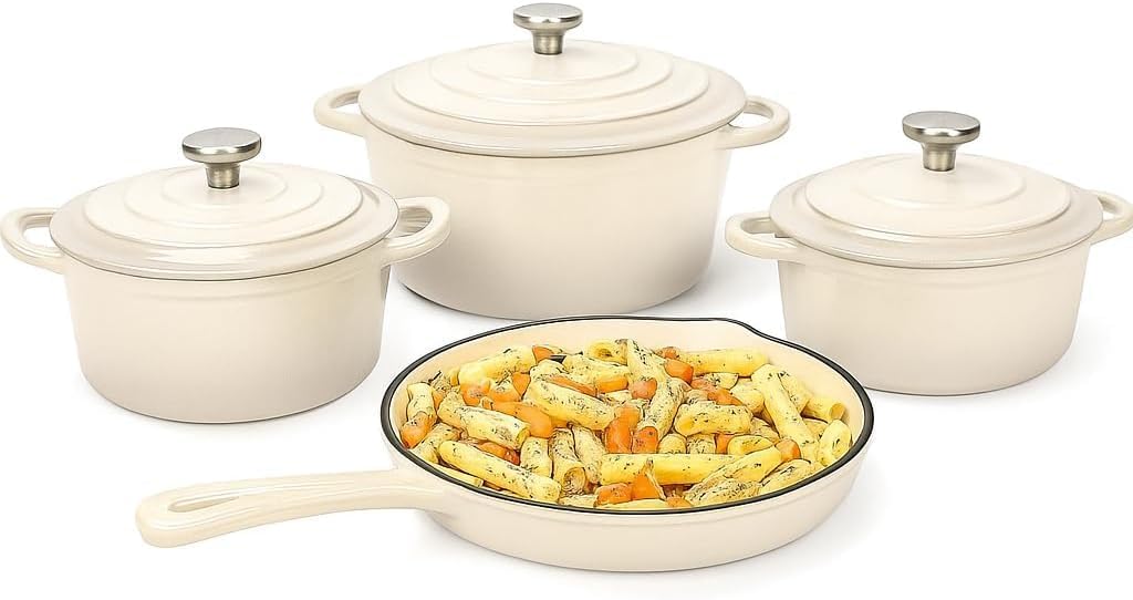 lot 243 image: Enameled Cast Iron Cookware Set 7-Piece, Dutch Ovens, Sauce Pan, Skillet, 3 Lids, PFA Free GasInduction Cream White Color Retail $165.00