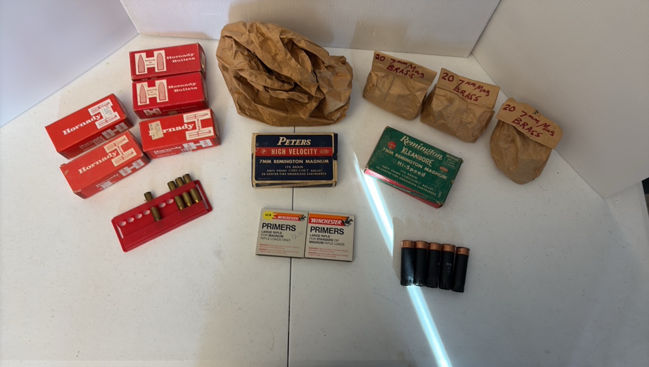 lot 111 image: AMMO by Hornady, Winchester, Remington, Peters, and 7mm mag brass