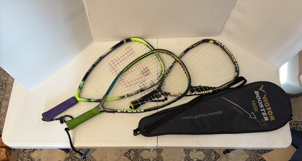 lot 119 image: (3) E-FORCE rackets and (1) Victor Booster 1000 Racket in case